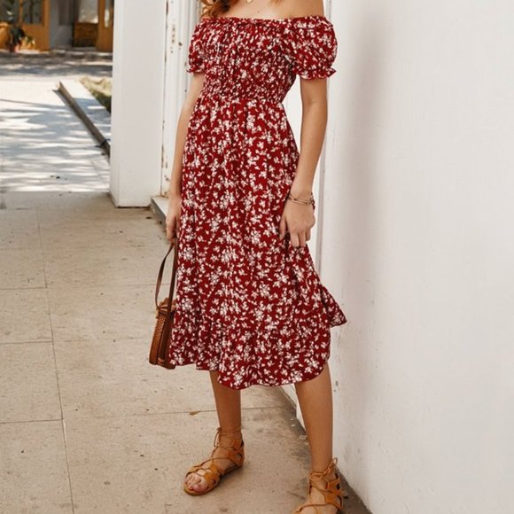 SUCREFAS Floral Ruffle-Hem Off-The-Shoulder Midi Dress - Size L - Picture 2 of 7